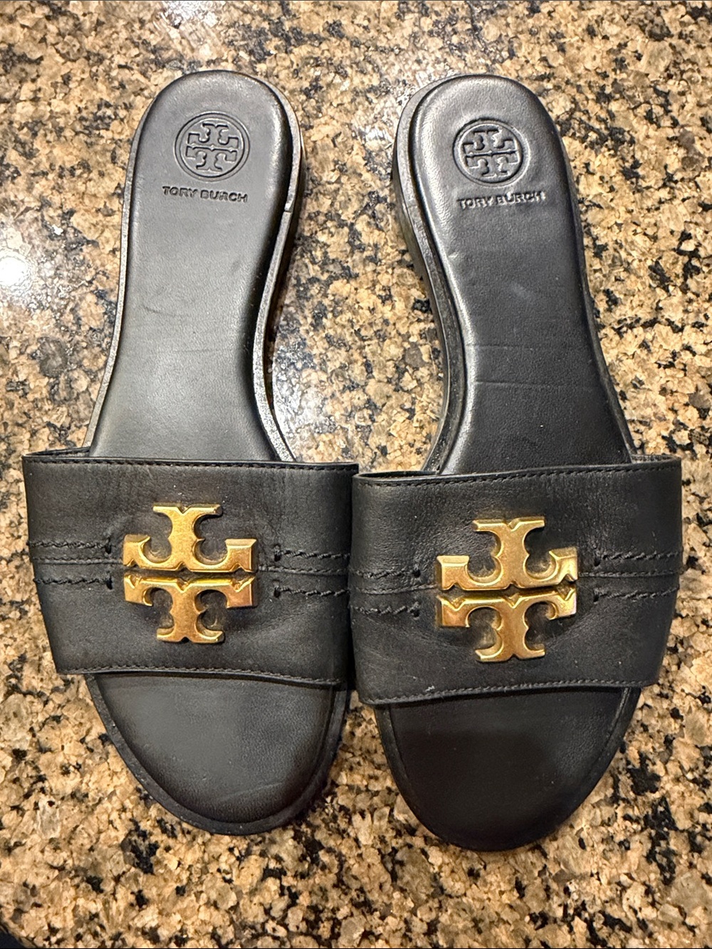 Tory Burch Black Leather Everly Slide Sandals with Gold Emblem